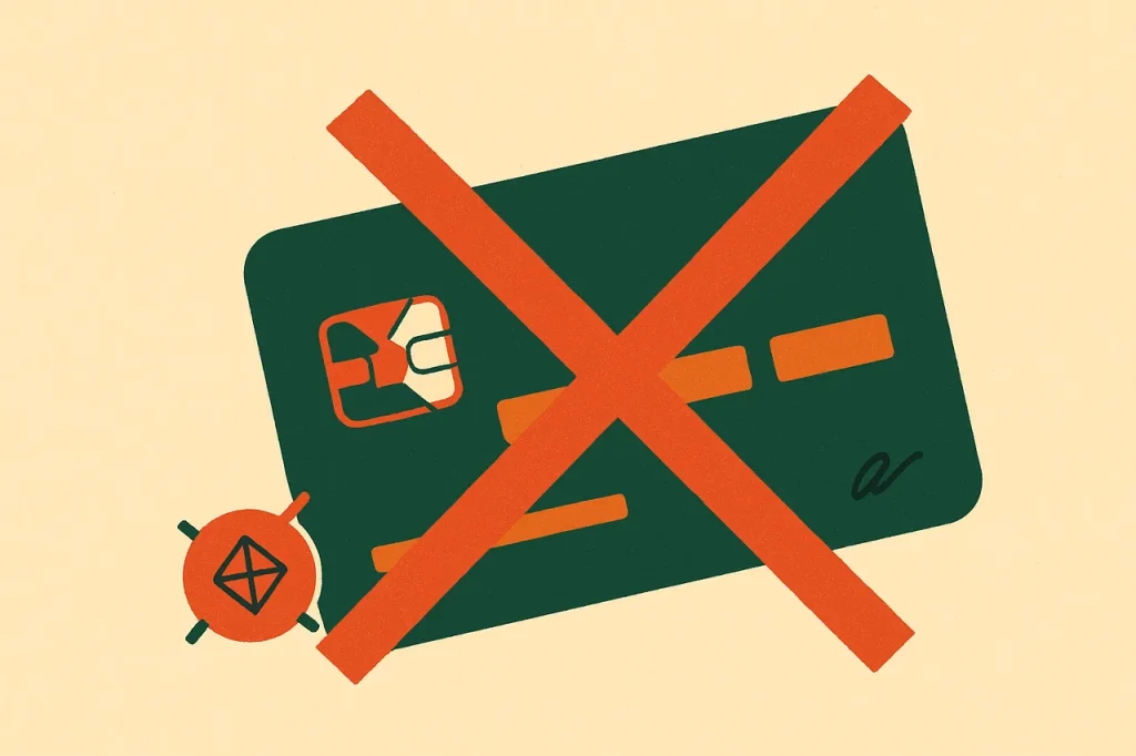 The 2023 Interactive Gambling Amendment Act banned credit cards and credit-purchased crypto for Australian gambling deposits. Crossed-out credit card and coin.