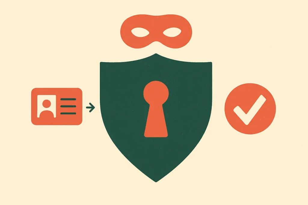 KYC and anonymity on crypto casinos. Shield with keyhole, optional ID card, anonymity mask indicating threshold policy.
