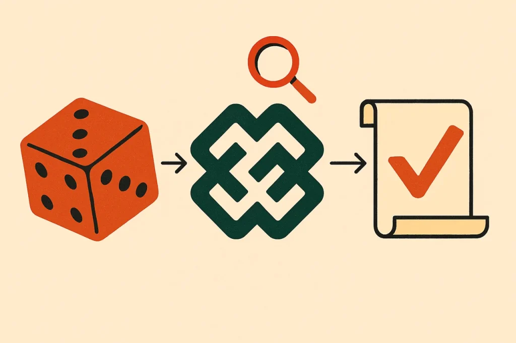 Provably fair game verification. Dice input plus hash function plus verified outcome document with a stamped checkmark.