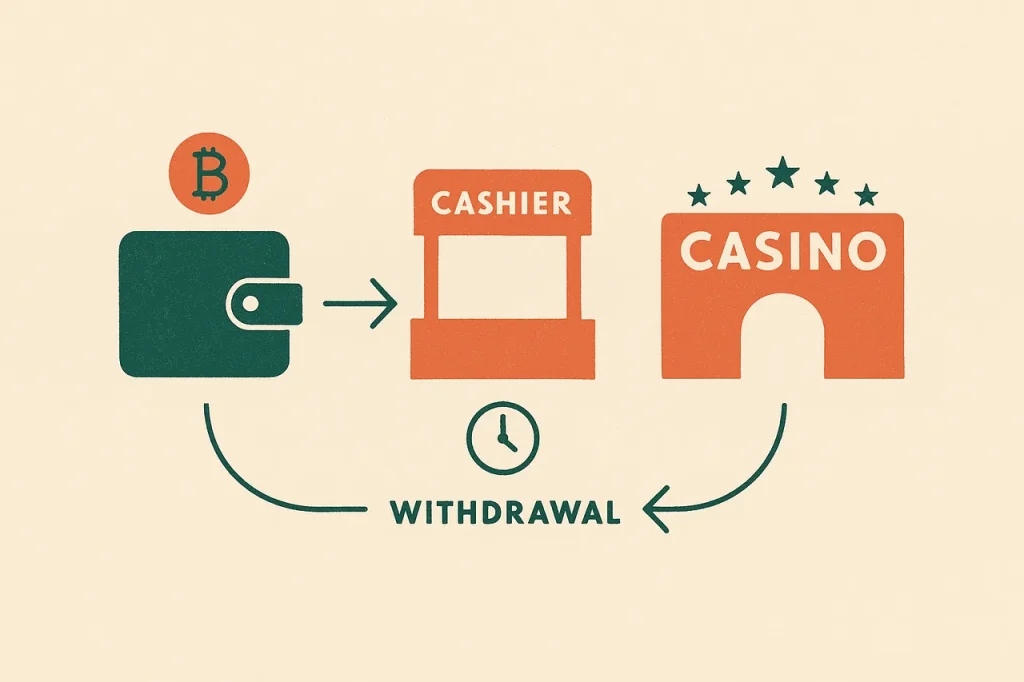Crypto deposit and withdrawal flow. Wallet on left routing through blockchain confirmation into a casino cashier.