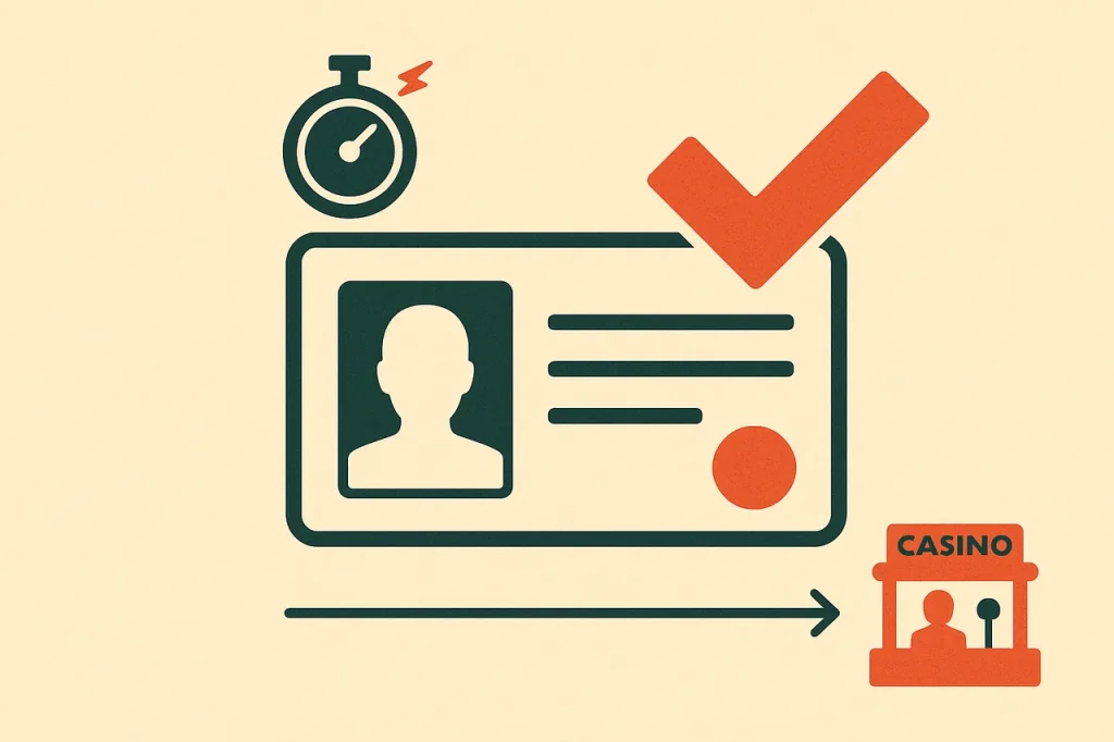 KYC fast-track for Australian casino players. Identity card with a stamped checkmark beside a stopwatch and a green approval light.