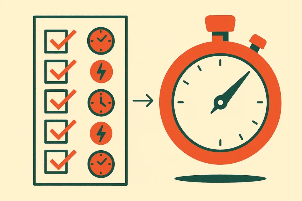Fast payout selection criteria. Vertical checklist with clock and lightning icons flowing to a large stopwatch on the right.