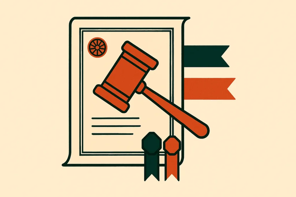 Interactive Gambling Act 2001 explained. Ceremonial document with judge’s gavel and three ribbon markers representing the 2001 base Act plus the 2017 and 2023 amendments.