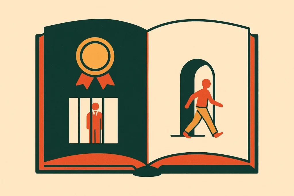 Interactive Gambling Act 2001 targets operators, not Australian players. Statute book showing an operator behind bars and a player walking free.