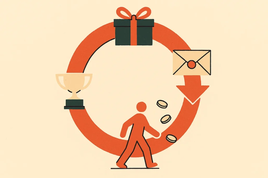No deposit bonus casino reactivation loop cycle with gift box envelope player figure and trophy