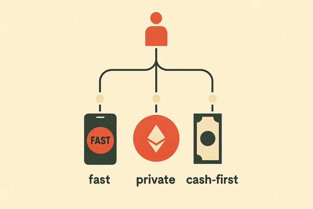Picking the right casino payment method. Decision tree from player figure branching to phone, crypto coin and voucher options.