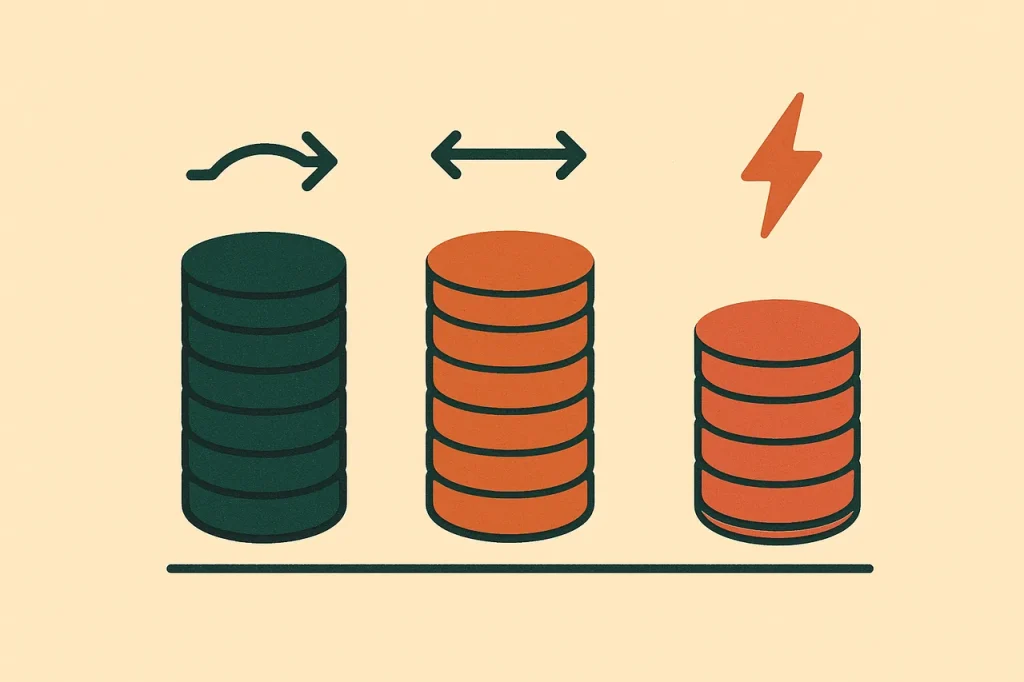 Pokies bankroll session tiers by volatility. Three coin stacks representing low, medium and high volatility session sizes.
