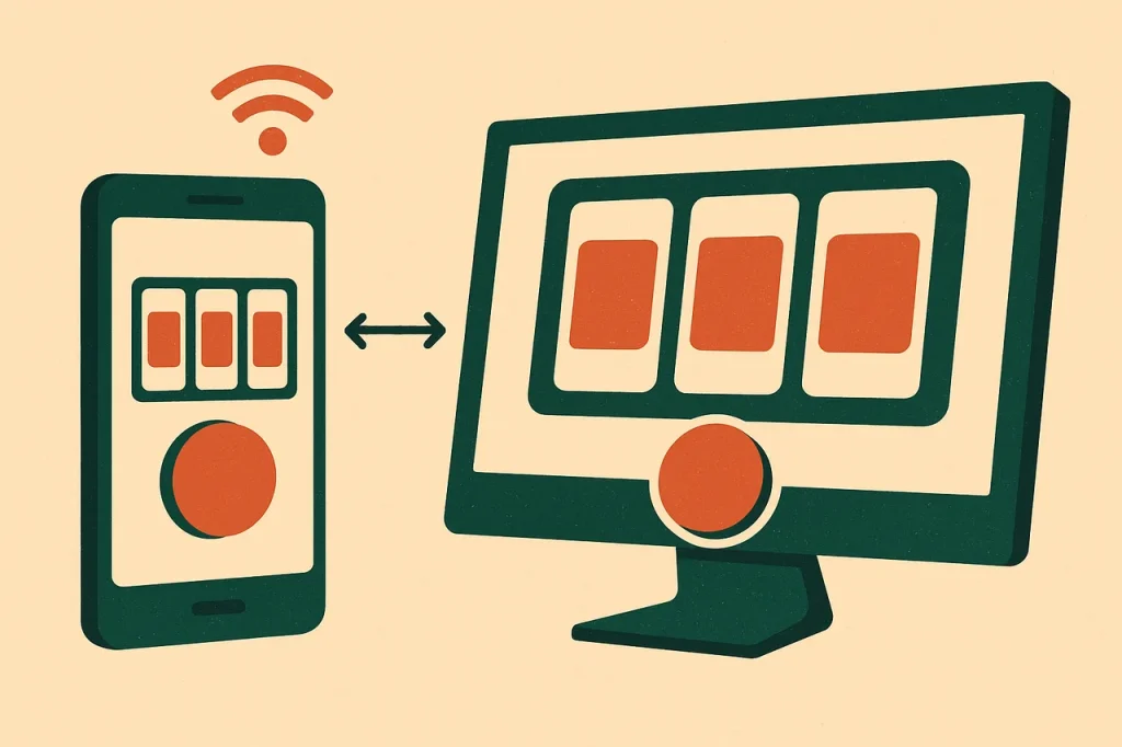 Mobile pokies versus desktop pokies. Phone and monitor showing the same pokie reel layout, connected by a parity arrow.
