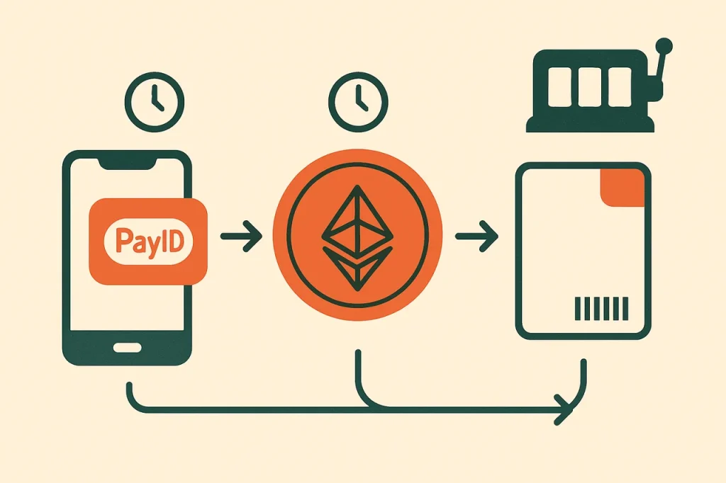 Payment rails for real-money pokies. PayID smartphone, crypto coin and Neosurf voucher connected by flow arrows.