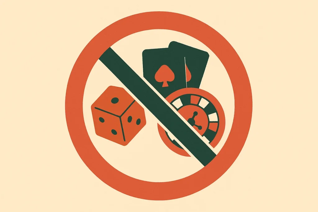 The Interactive Gambling Act 2001 prohibits online casino, online poker and in-play sports betting for Australian players. Coral prohibition circle with gaming icons.