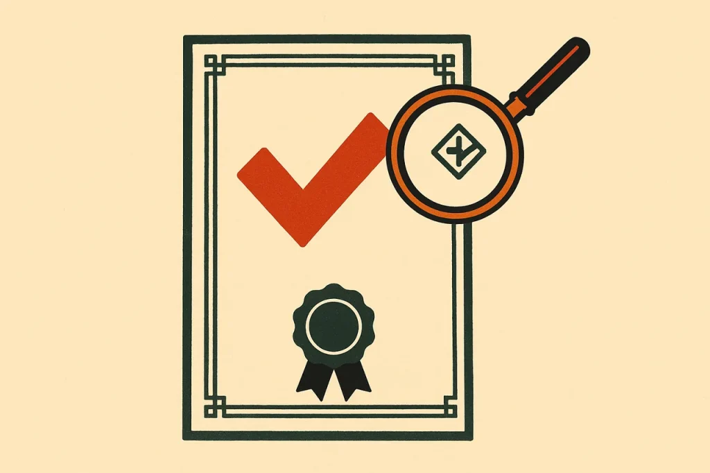 Verify a safe online casino in Australia. Stamped licence document with checkmark, ribbon badge and magnifying glass.